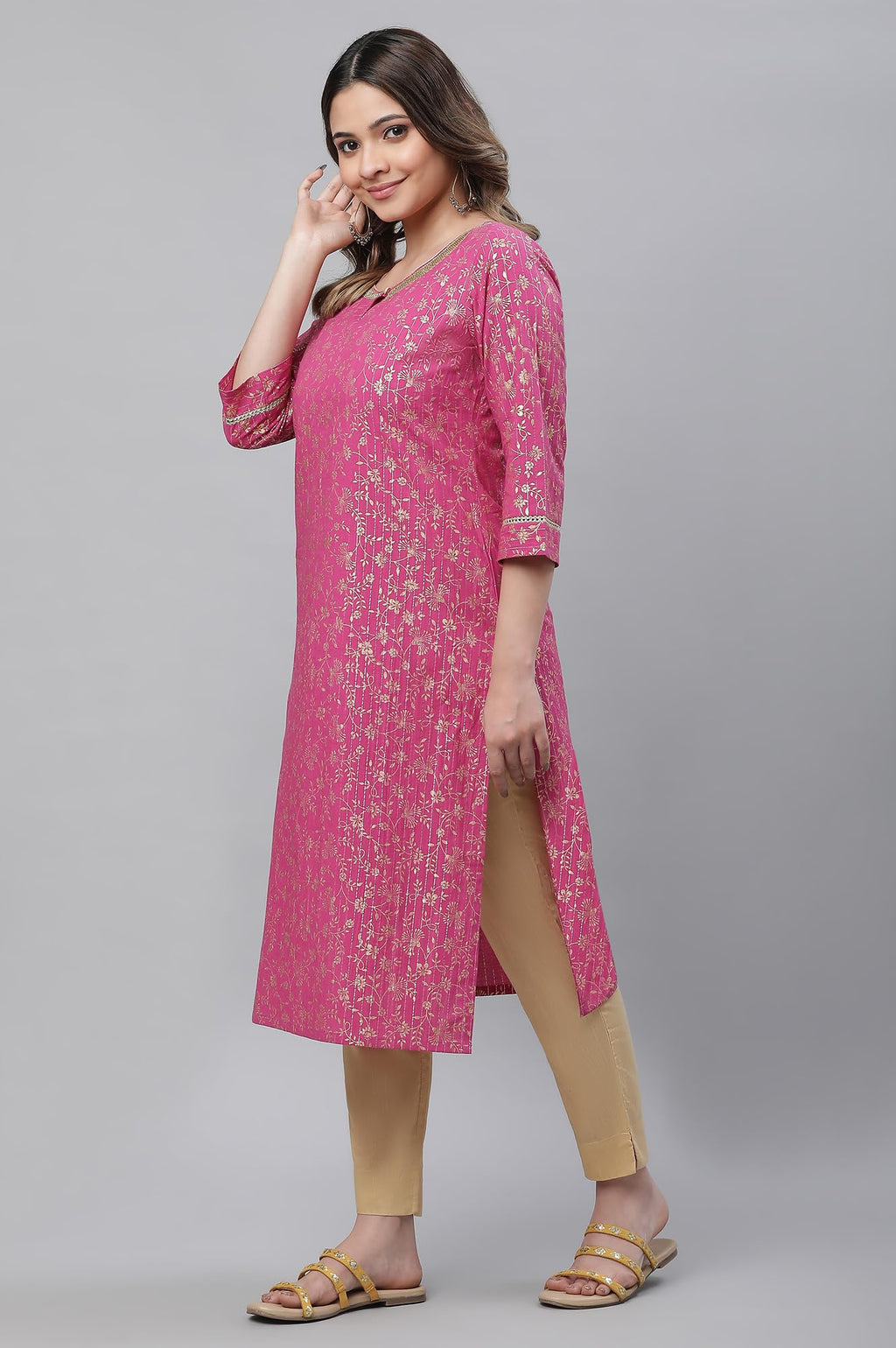 Aurelia Pink Foil Pattern Cotton Straight Long Kurta