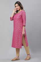 Aurelia Pink Foil Pattern Cotton Straight Long Kurta