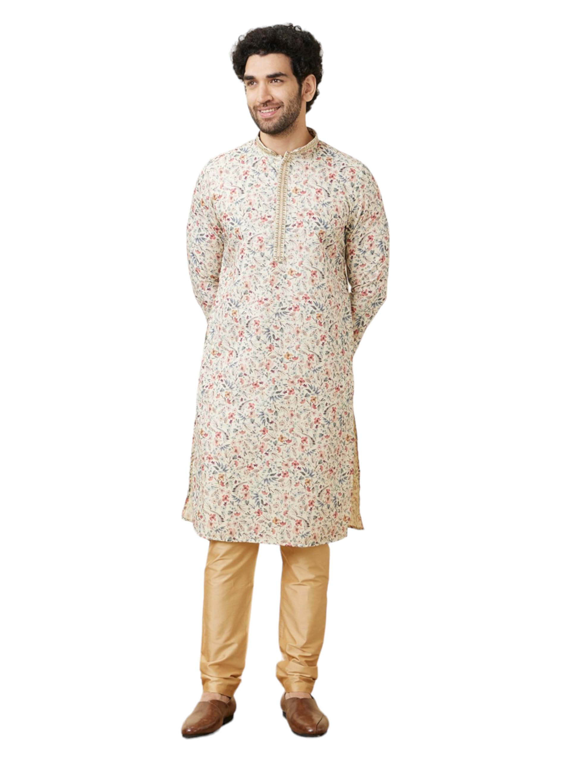 Manyavar Cream Blended Viscose Print|Embroidery Kurta Set for Men