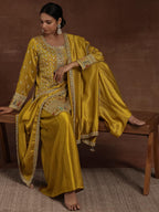 Libas Womens Embroidered Silk Blend Straight Kurta With Palazzos And Dupatta