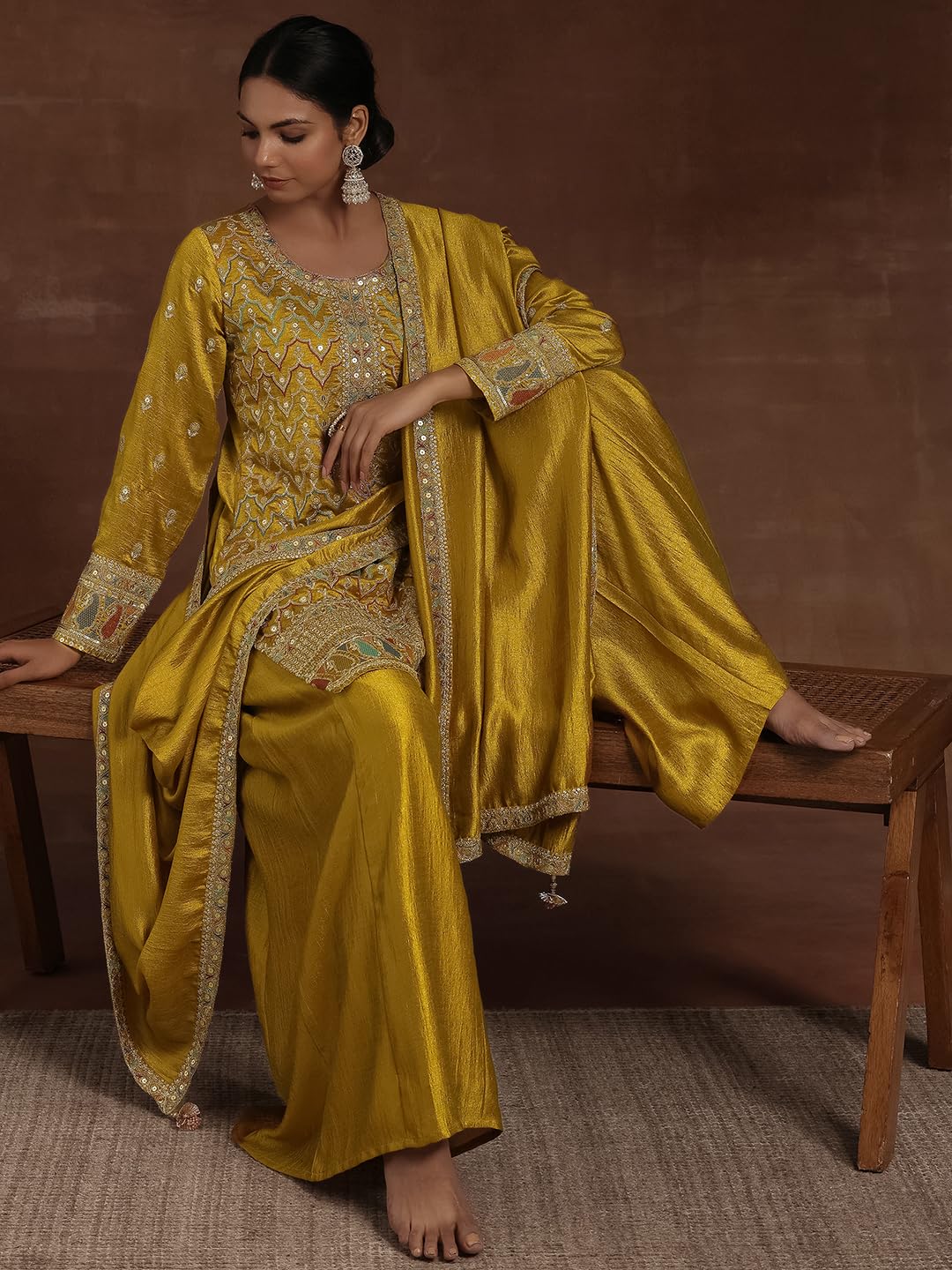 Libas Womens Embroidered Silk Blend Straight Kurta With Palazzos And Dupatta