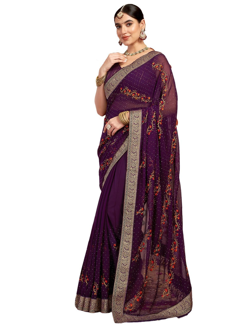 Satrani Womens Georgette Embroidery & Stone Work Saree with Unstitched Blouse Piece (4065S2832N_Dark Purple)