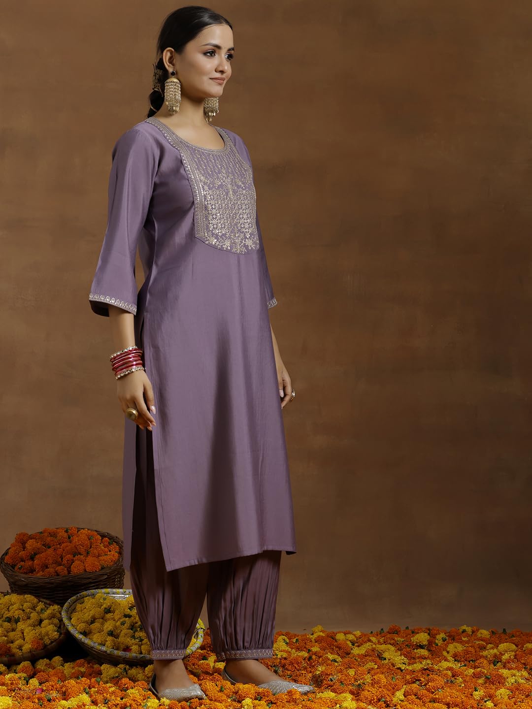 Libas WomenS Silk Blend Kurta Sets (35648_Purple