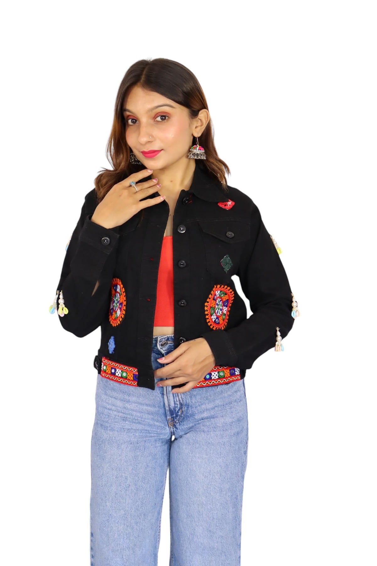 Prijam Women D2s Embroiderd Ethnic Shrug or Jacket and Special Embroidered Denim Koti/Jacket/Waist Coat for Women D2 BLACK 3