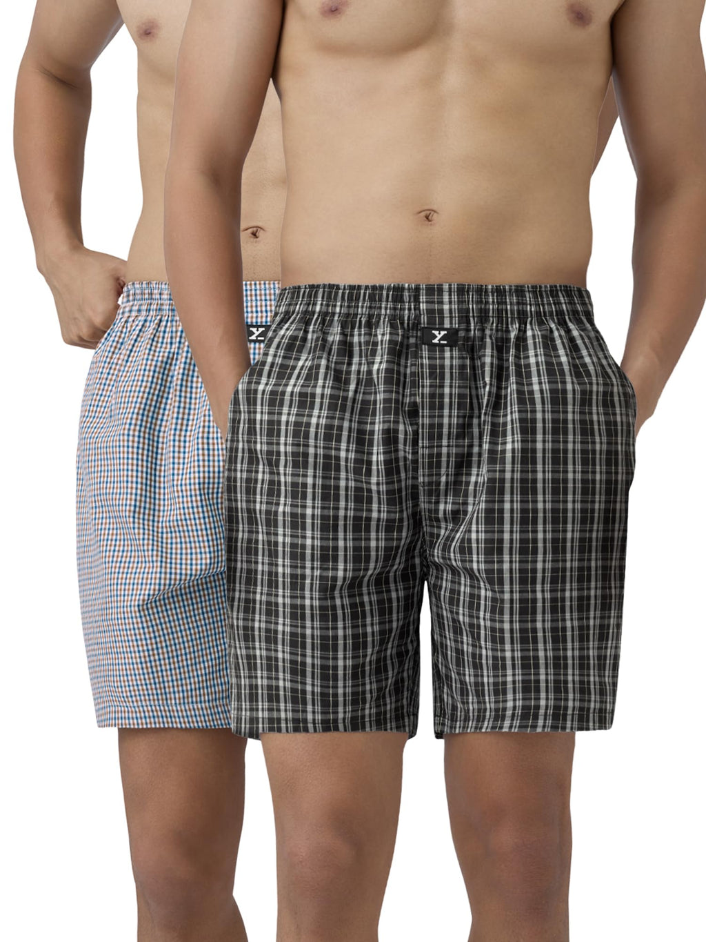 XYXX Mens Super Combed Cotton Checkmate Boxer Shorts Elasticated Waist, Drawstring | Loungewear for Men Pack of 2 (L; Black Che