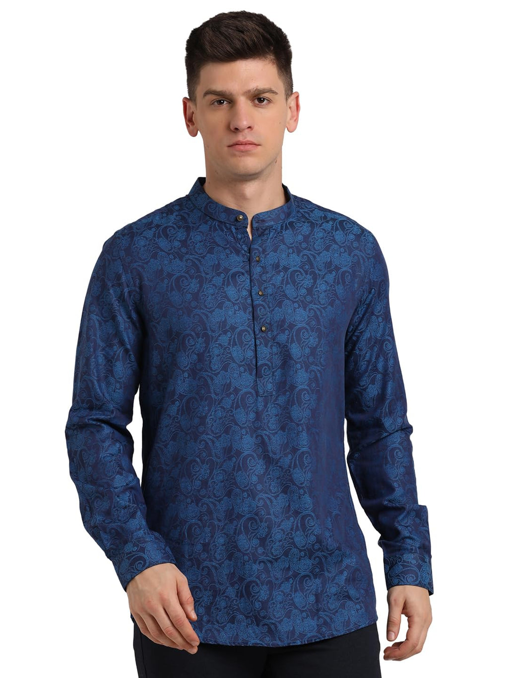 Turtle Men 100% Cotton Navy Jacquard Slim Fit Party Kurta Shirt