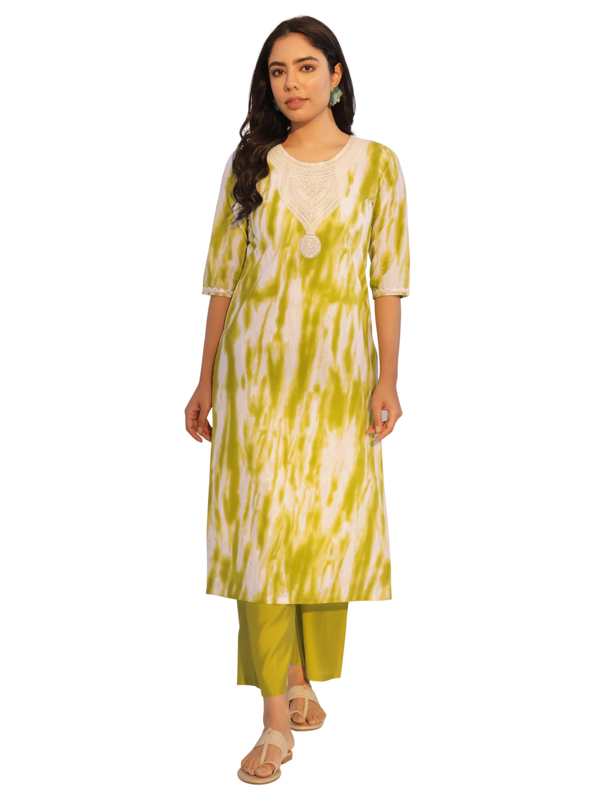 Libas WomenS Cotton Abstract Kurta Set (400286 Green