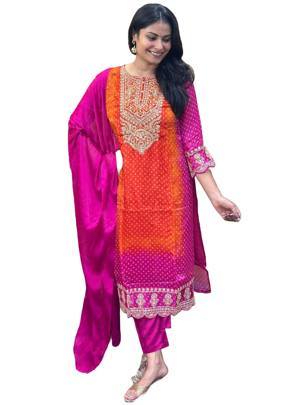ANNI DESIGNER Women s Straight Embroidered Rayon Blend Kurta with Pants and Dupatta, Pink, 48