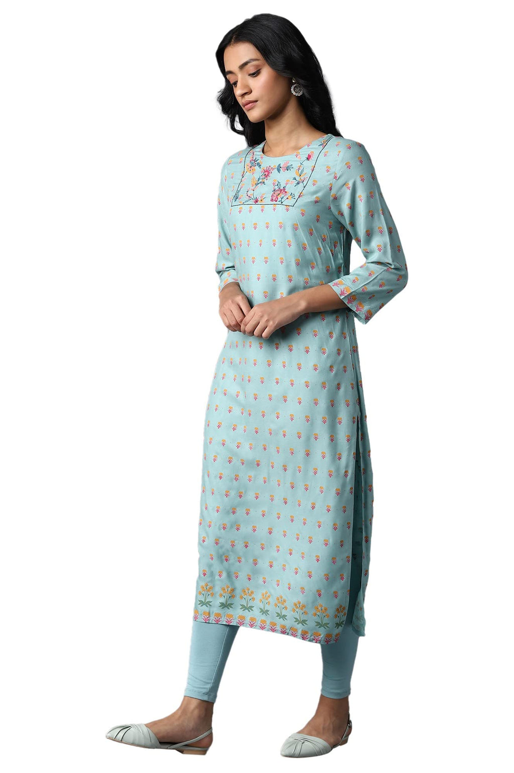 W For Woman Blue Printed Kurta With Thread Embroidery