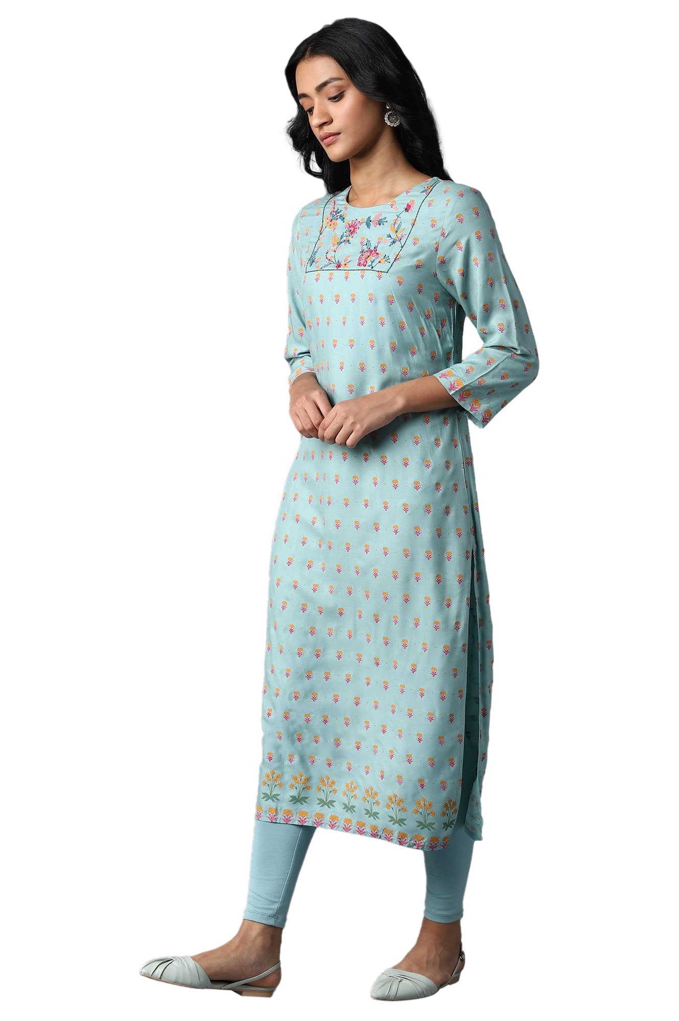 W For Woman Blue Printed Kurta With Thread Embroidery