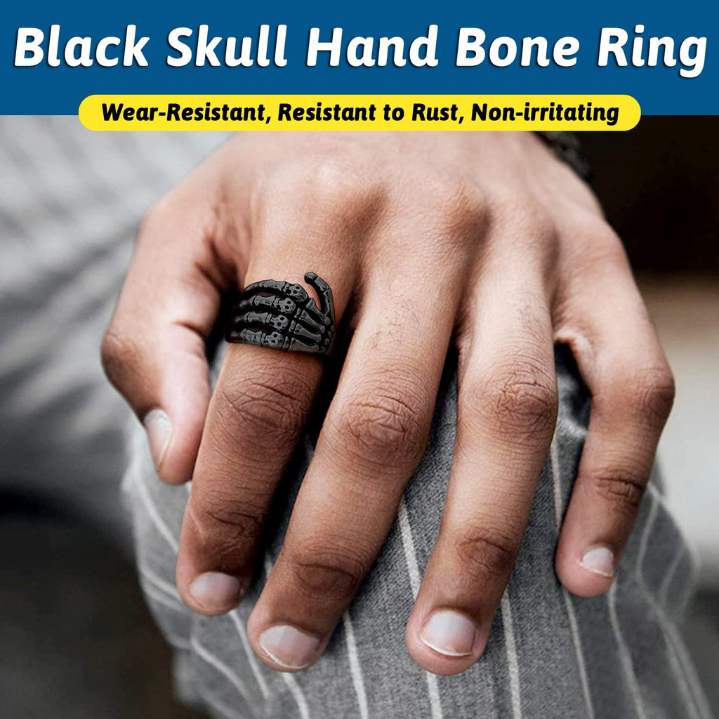 Punk Black Skull Hand Rings for Man Stainless Steel Gothic Halloween Party Accessories