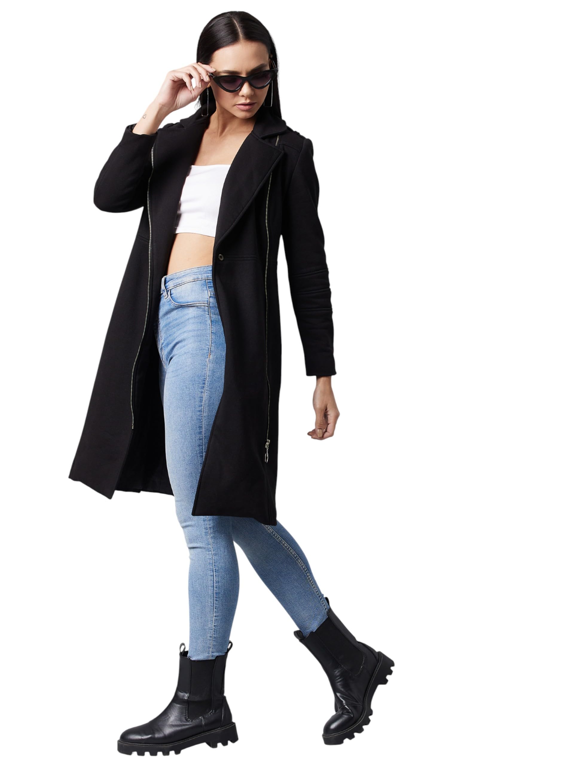 Dolce Crudo Womens Notch Collar Multi Panelled Full Sleeve Double Breasted Knee Length Jacket (DOAW23DEN98-17-365-06, Obsidian 