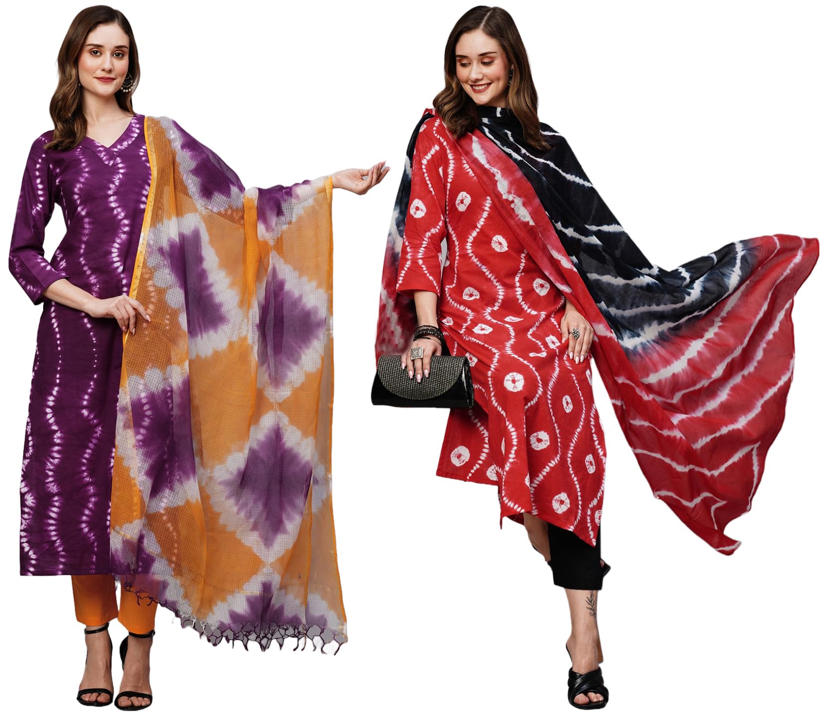 ANNI DESIGNER Women's Cotton Blend Printed Straight Kurta with Pant & Dupatta Pack of 2 (Combo-Mukhi Pink-Mayavi Red_S_Multi_Sma