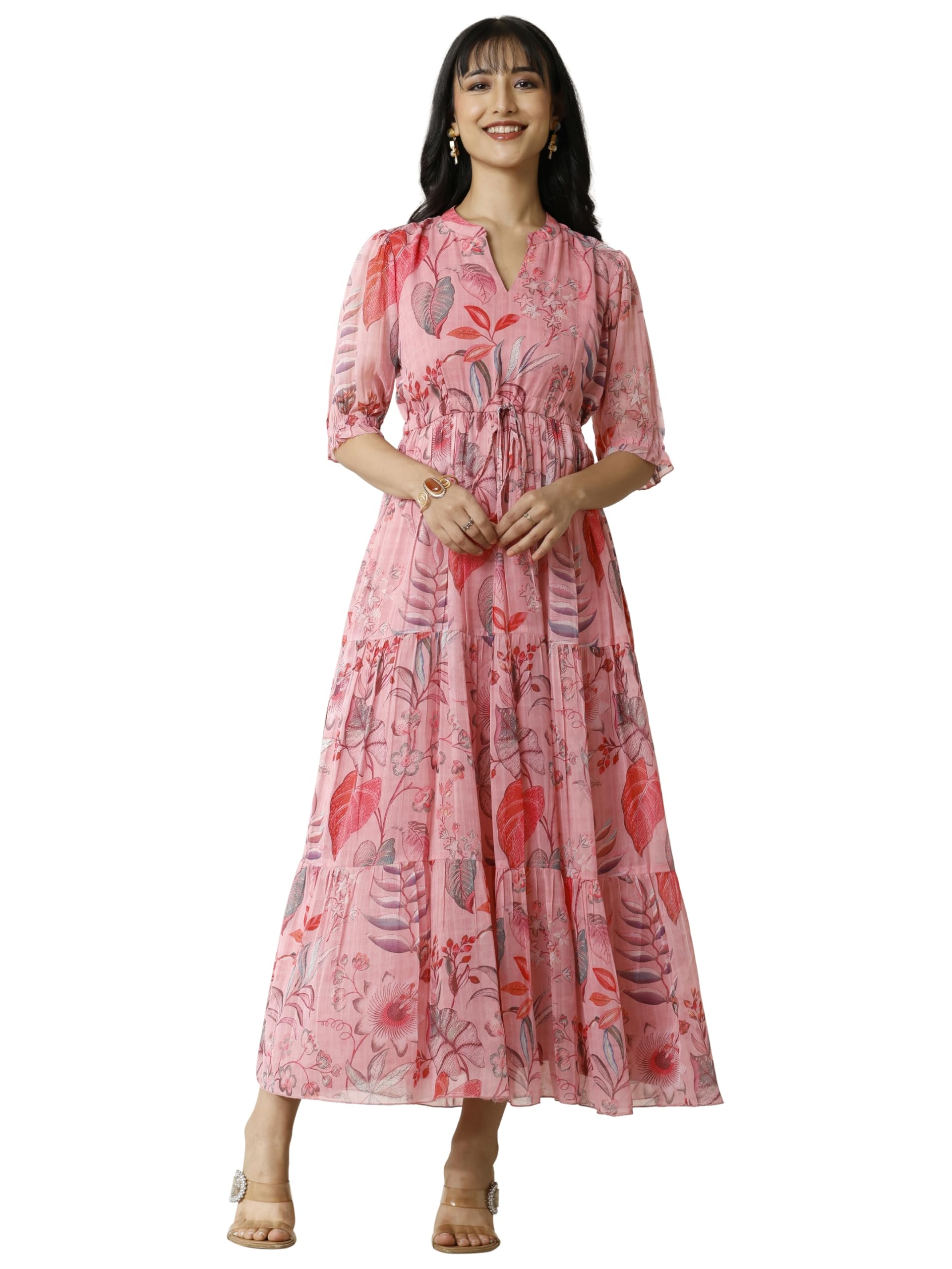 Pink Floral Printed Fit and Flare Dress (98273XL)