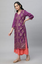 Aurelia Purple Festive Printed Kurta, Culottes & Dupatta Set