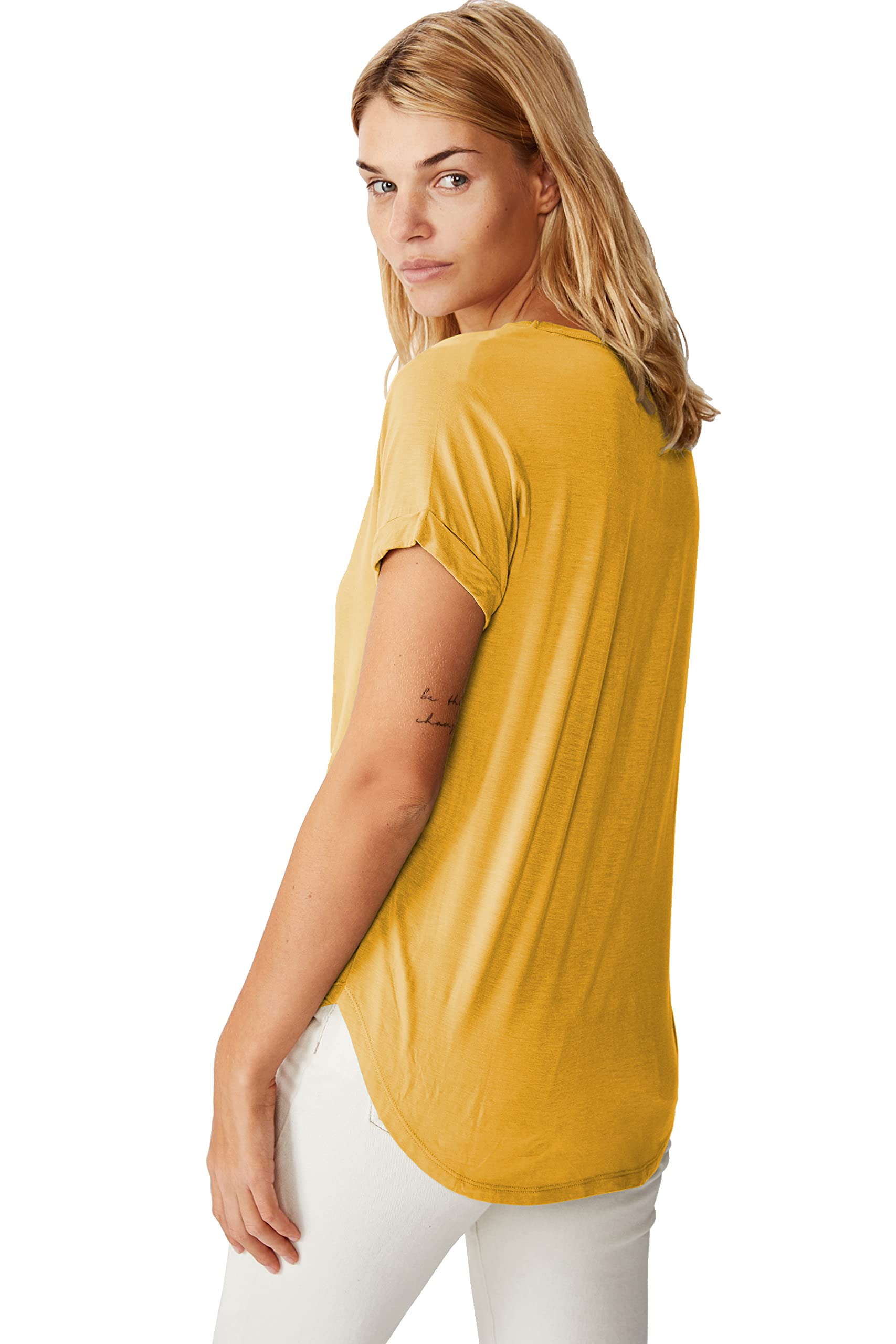 Fabricorn Combo Of Plain Mustard Yellow V-Neck And Dusty Rose Round Neck Up And Down Cotton Tshirt For Women (Mustard Yellow And