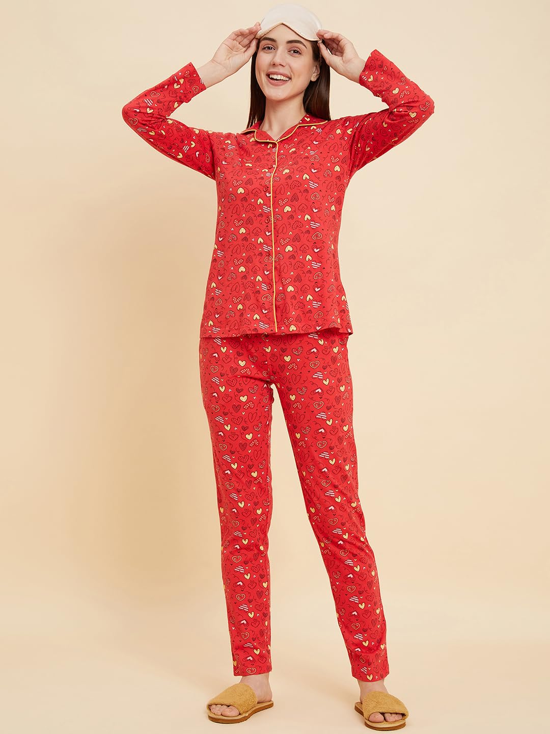 Sweet Dreams Women Printed Full Sleeves Pyjama Set Red