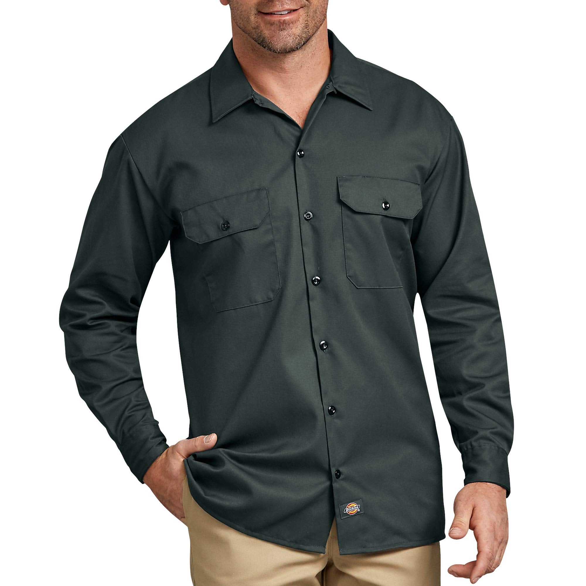 Dickies Mens Long Sleeve Work Shirt, Hunter green, Medium