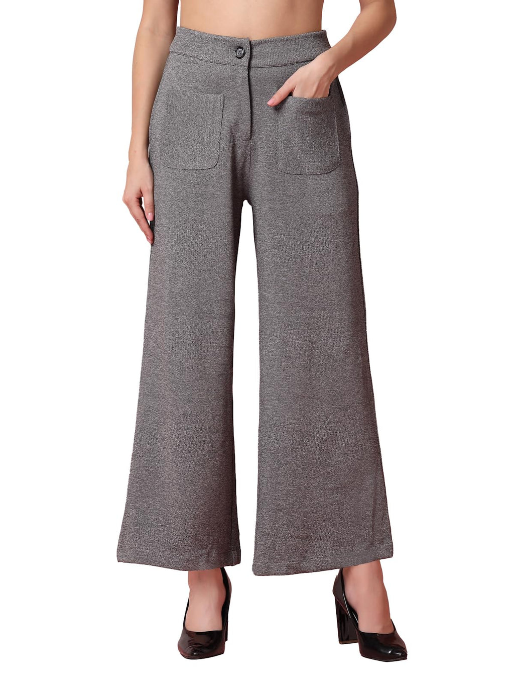Womens Wide Leg Pants | Solid Grey Stretchable Polyester Trousers | Stylish Korean Clothing | Flared, Straight Fit, Baggy, and 