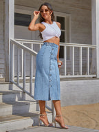 Shasmi Girls & Womens Front Button-Up Slit Longline Single Breasted Long Casual Denim Skirt Suitable for Daily WearSkirt 233 L