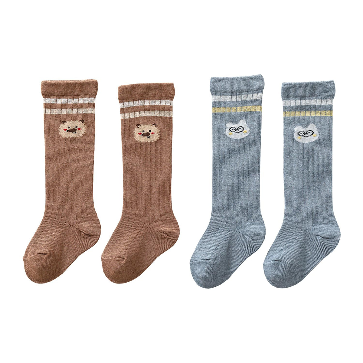 Syga 2 Pairs Baby Socks Set Long Length Cotton With Bear Design For Ages 01 Year (Dark Blue, Brown) 0-12