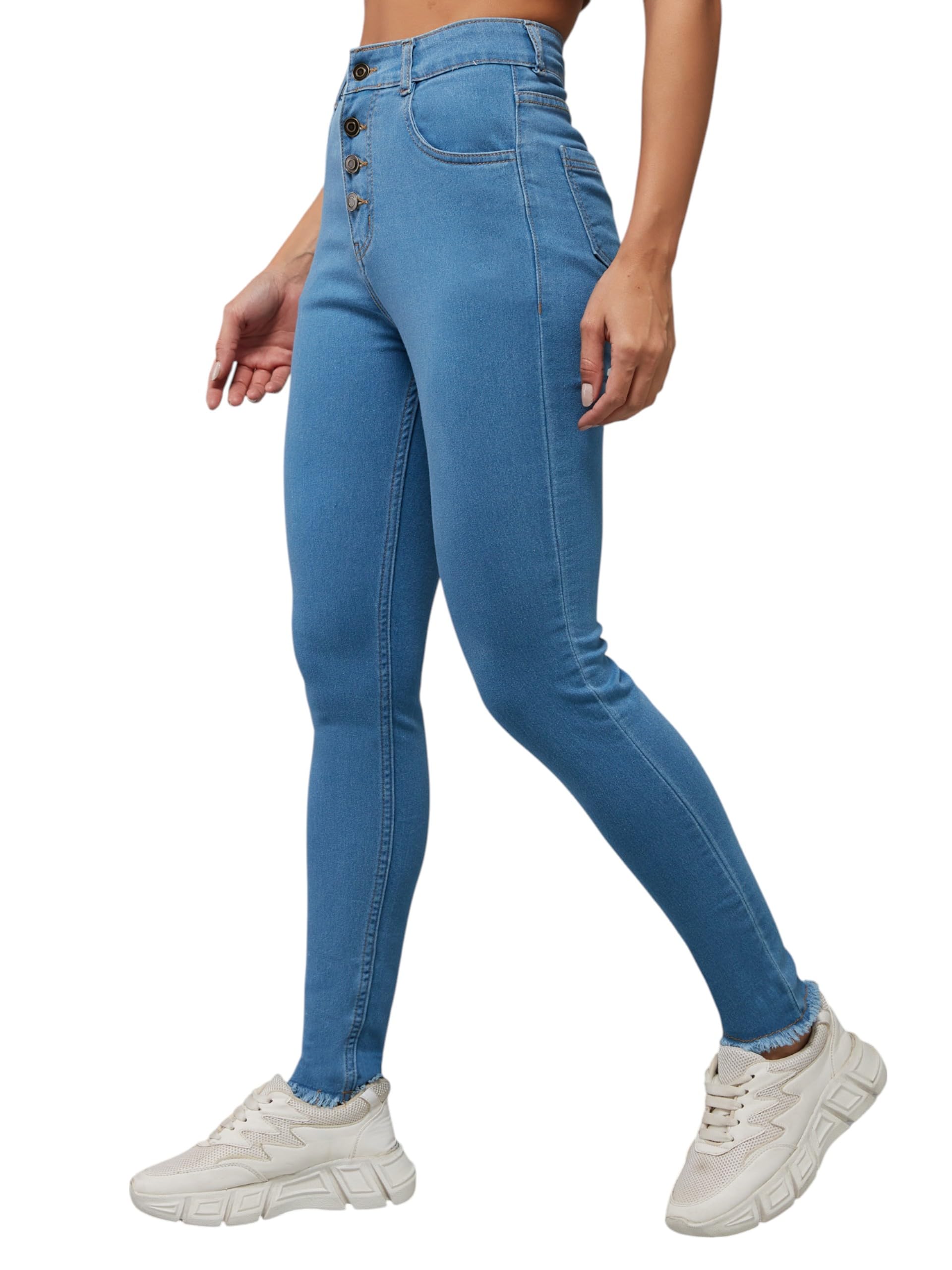 Dolce Crudo Womens Skinny Solid High Rise Cropped Fringed Hemline Detailing Stretchable Denim Jeans (DOAW21DEN52-02-341-28, Dod