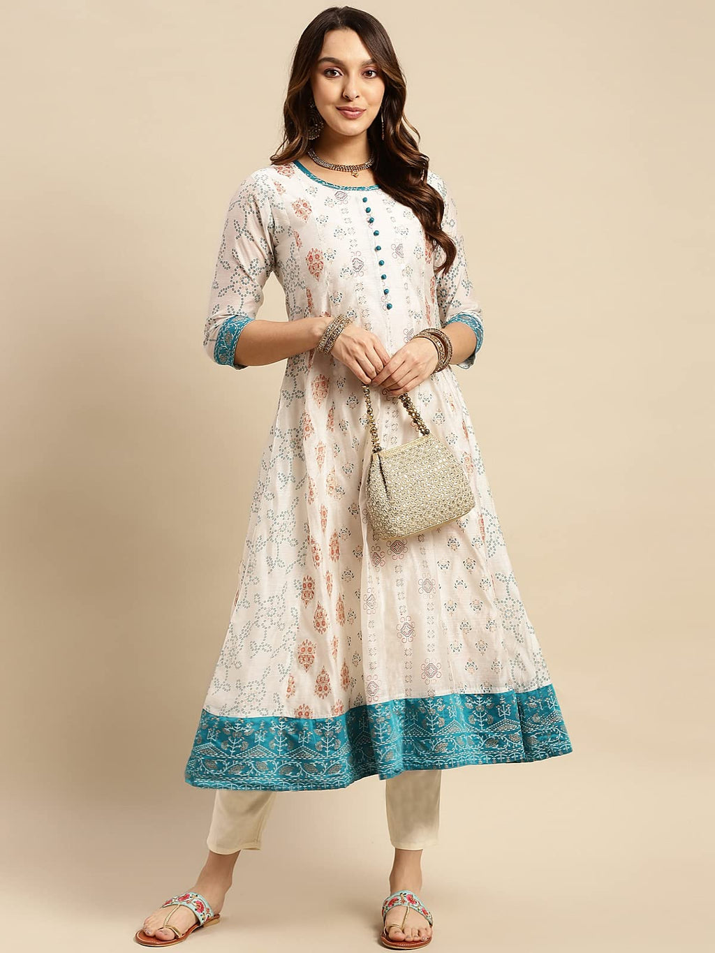 rangita Chanderi Calf Length Printed Flared Kurti for Women