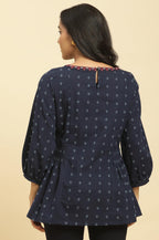 W For Woman Blue Cotton Floral Printed Tunic Top With Thread W For Womanork