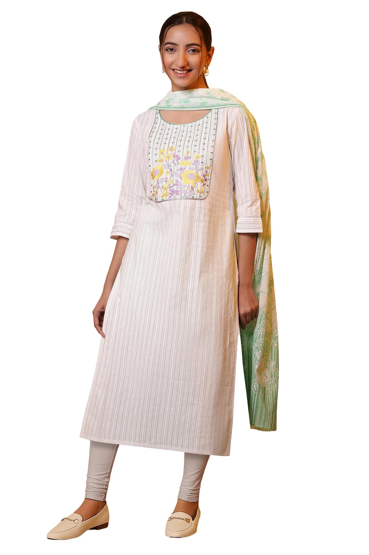 Aurelia Womens White Floral Printed Pure Cotton Straight Kurta with Churidar Set - (ONVAS14780-507903-S)