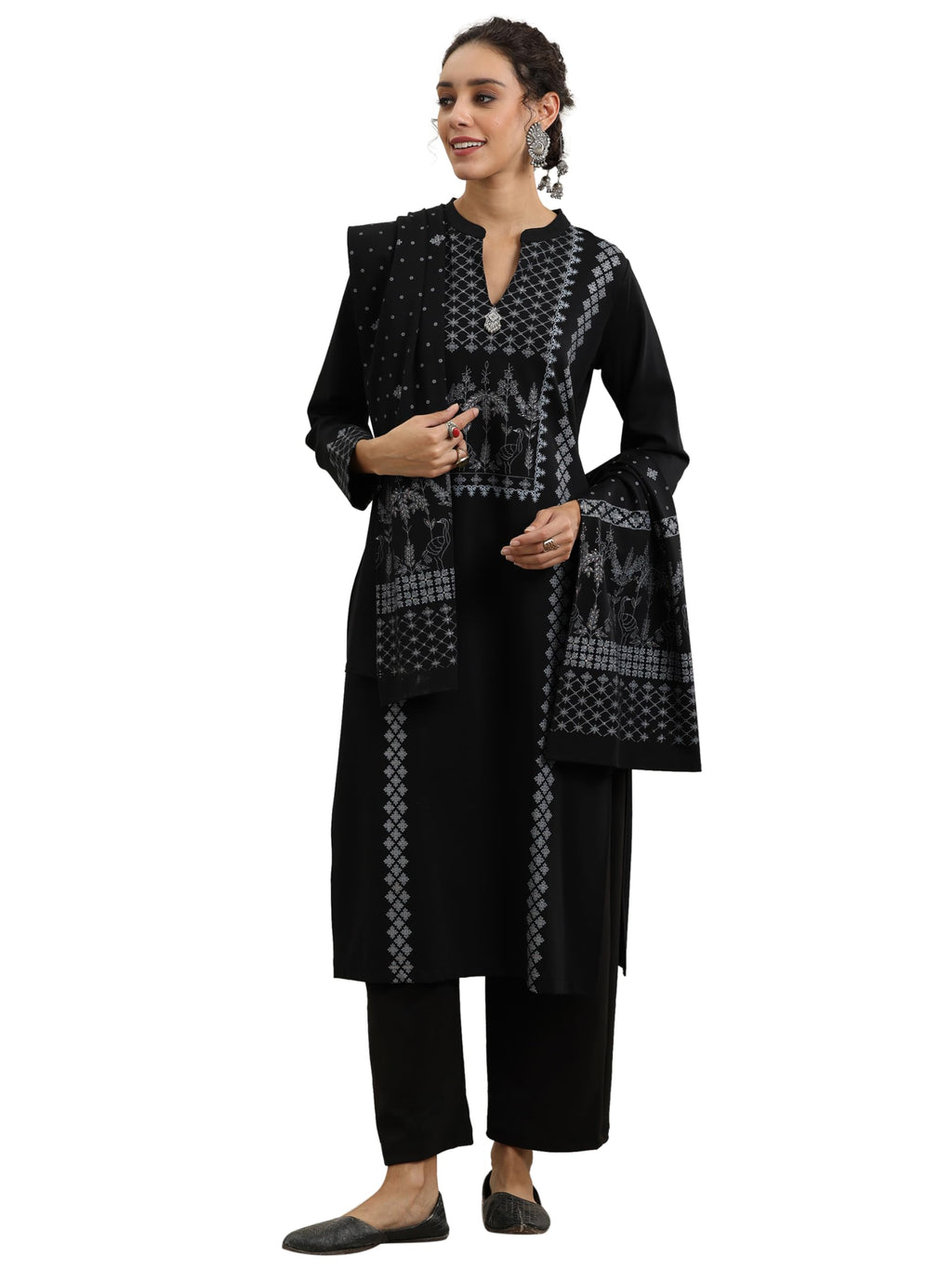 Libas Womens Woven Design Wool Straight Kurta With Trousers And Dupatta