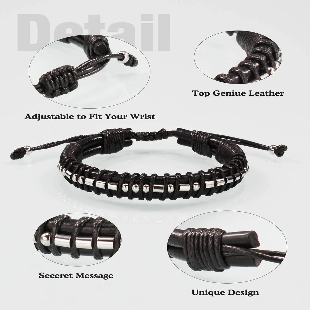 Morse Code Bracelet for Men Black Leather Braided Bracelets for Boyfriend Husband Promise Long Distance Anniversary Birthday