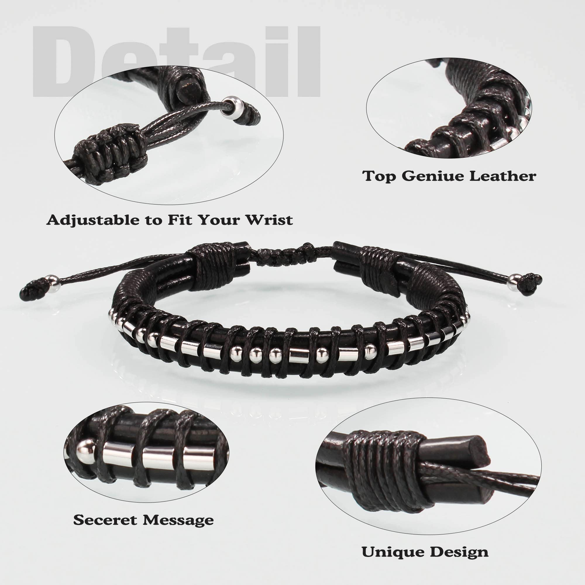 Morse Code Bracelet for Men Black Leather Braided Bracelets for Boyfriend Husband Promise Long Distance Anniversary Birthday