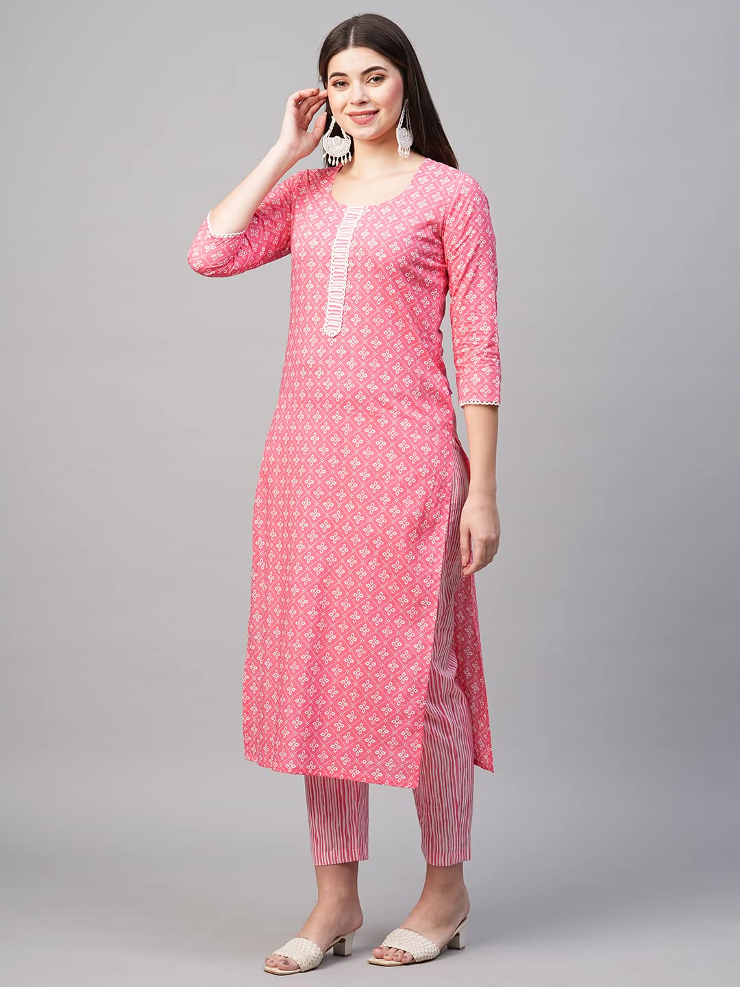 ANNI DESIGNER Womens Cotton Blend Straight Printed Kurta with Pant (Tai Pink_XXL_Pink_XX-Large)