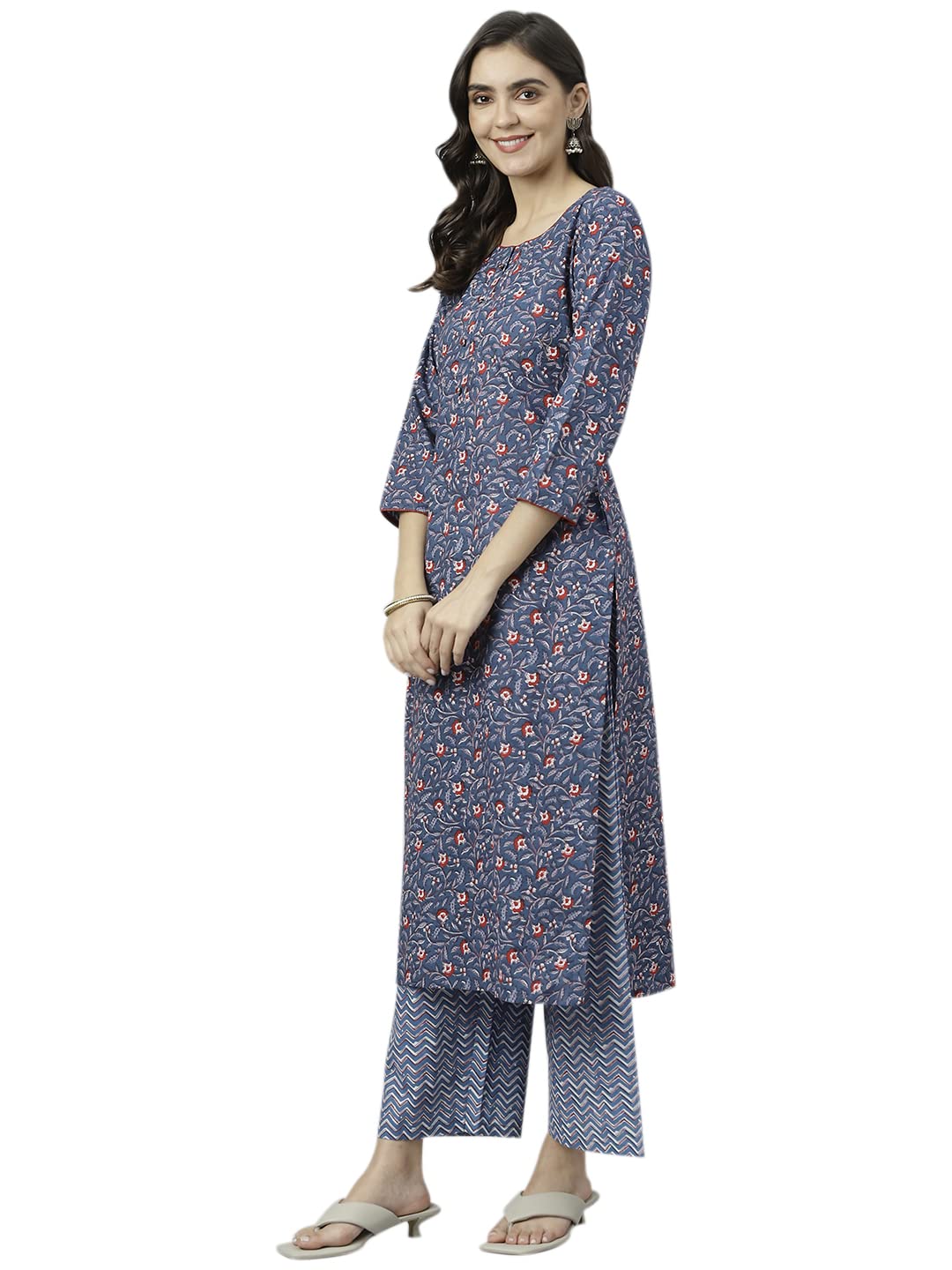Gosriki Women'S Cotton Blend Straight Printed Kurta With Palazzo (Qwerty Blue_L-Go_Blue_Large)
