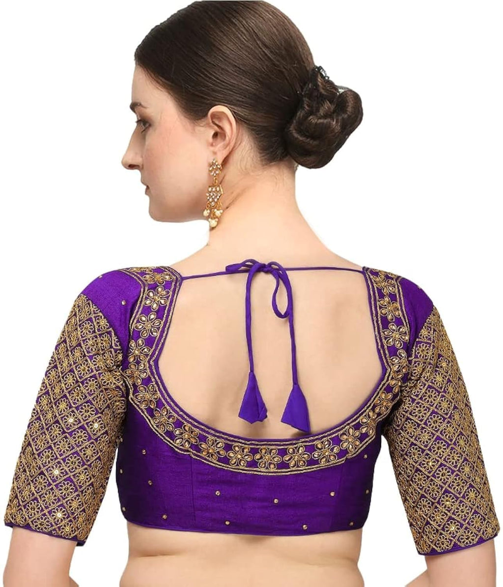 Pujia Mills Womens Embroidery Handwork Sequence Work Necklace Design Readymade Blouse (Purple, 36)