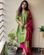 ANNI DESIGNER Womens Rayon Straight Printed Kurta with Pant & Dupatta (SIBORI-Methi_M_Green_Medium)