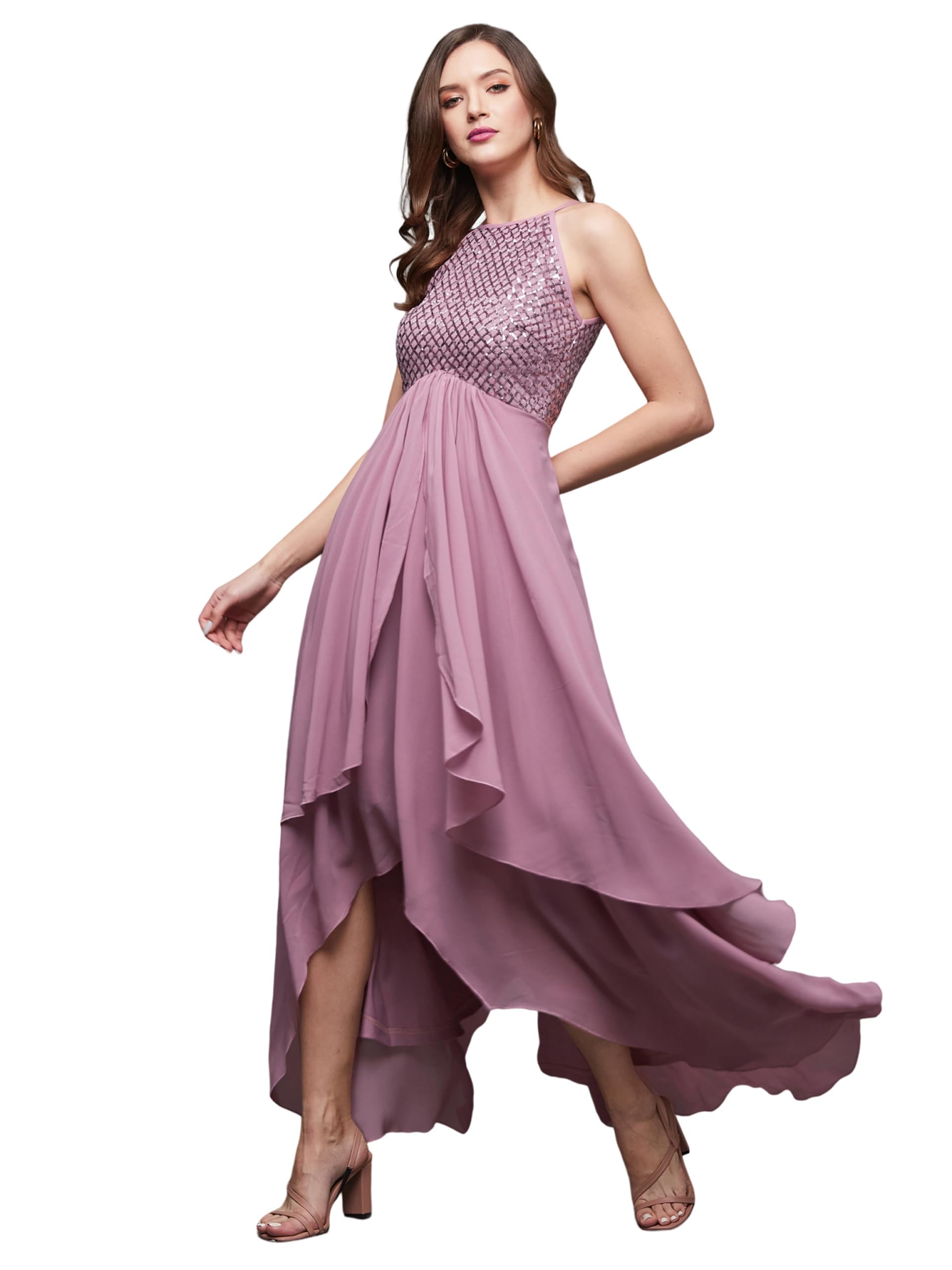 Miss Chase WomenS Georgette Halter Neck Sleeveless Embellished Layered Maxi Dress (Mcss23D13-75-261-02, Dusty Lavender, Xs)