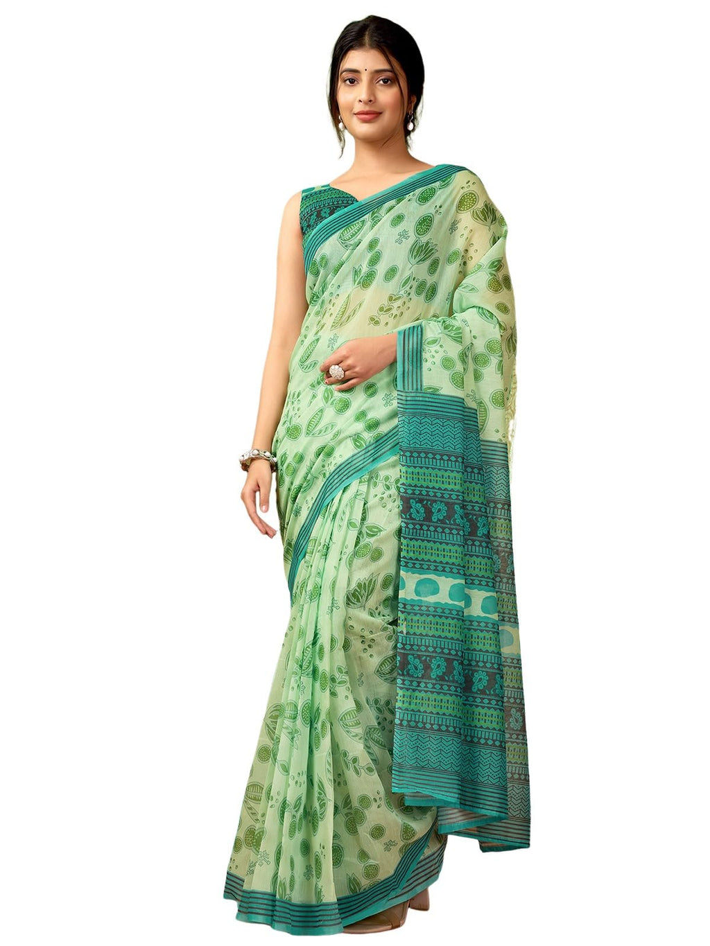 Satrani WomenS Chanderi Cotton Printed Ready To Wear One Minute Pre Pleated Readymade Saree With Unstitched Blouse Piece (32Rs3
