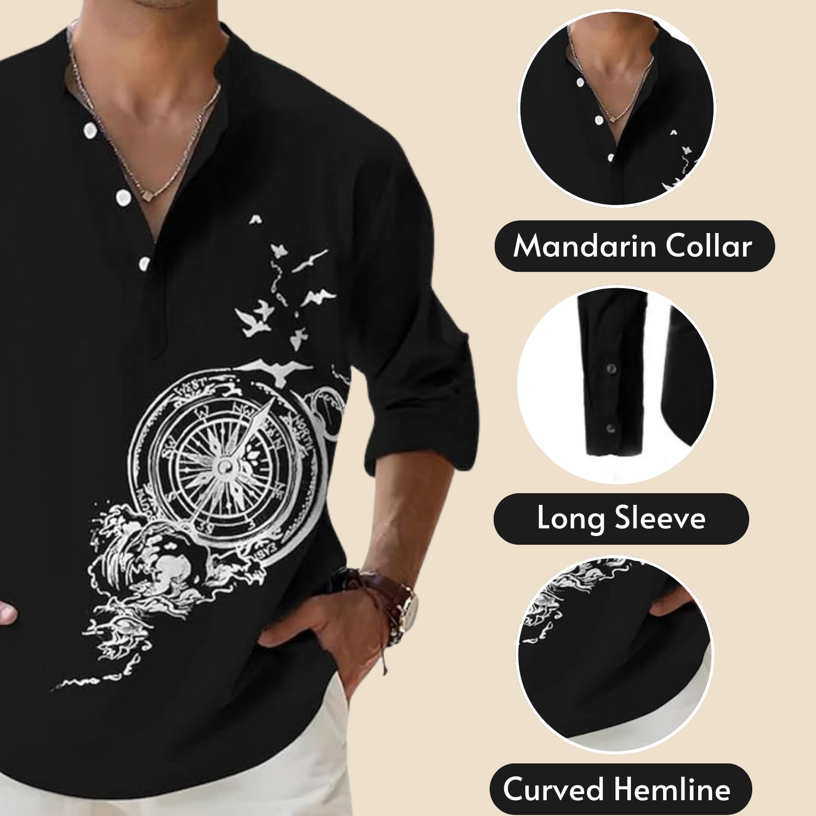 DEELMO Mens Cotton Blend Mandarin Collar Self One Design Full Sleeve Casual Short Kurta