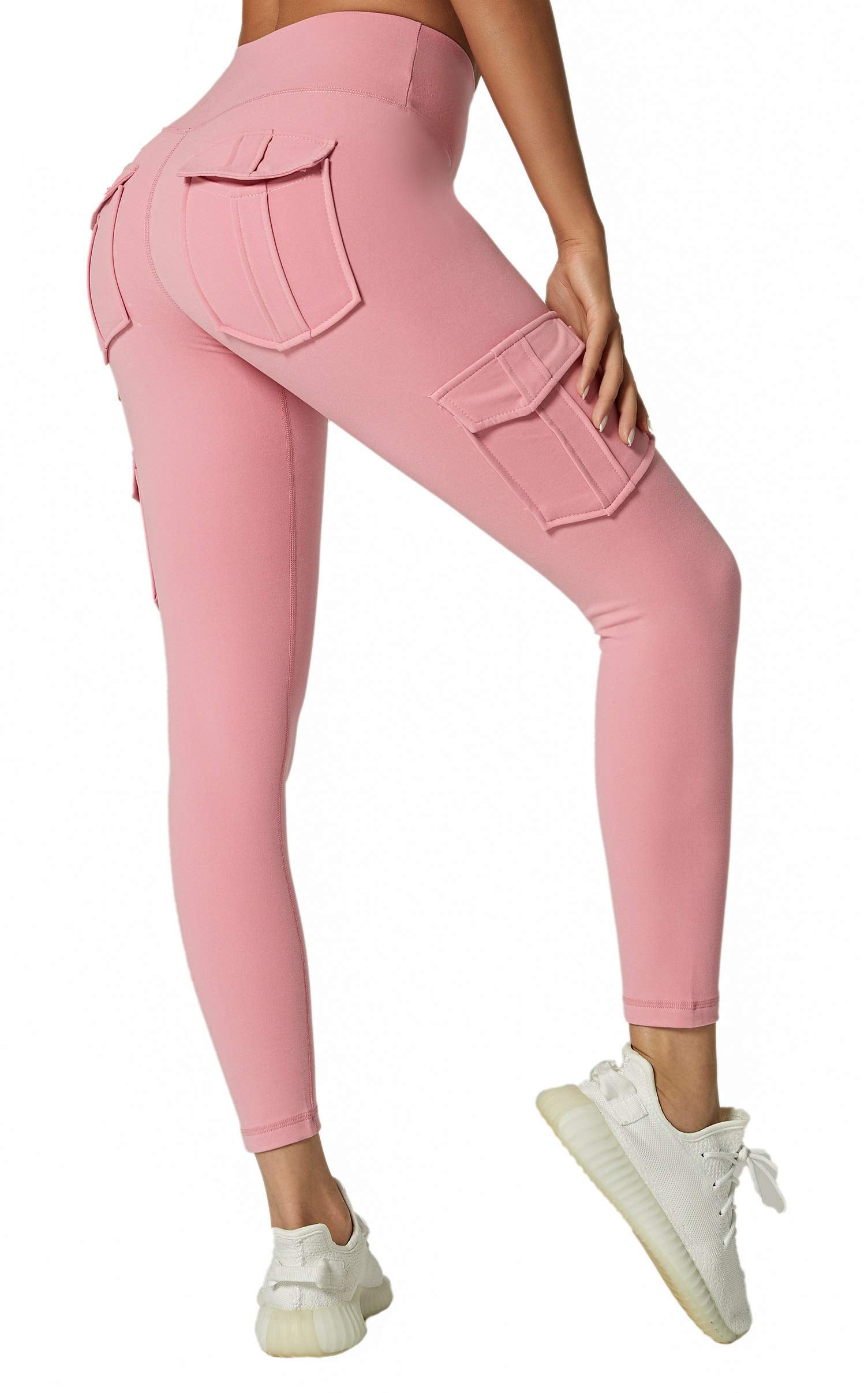 JEGGE High Waist Yoga Leggings with 4 Pockets,Tummy Control Workout Running 4 Way Stretch Cargo Pocket Leggings (Pink, Medium)