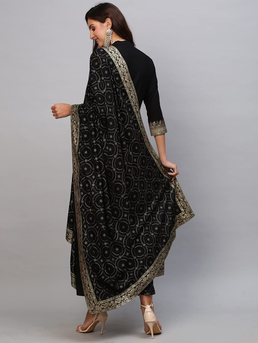 ANNI DESIGNER Womens Cotton Blend Solid Anarkali Kurta with Pant & Dupatta (Panchali-Black_XL_Black_X-Large)