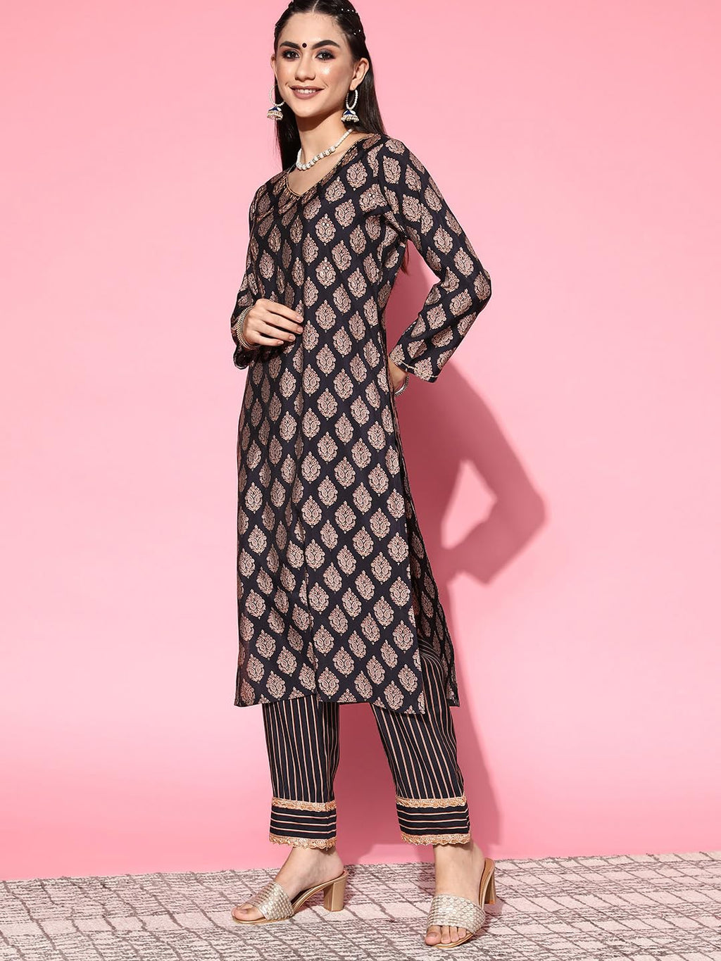 Libas WomenS Silk Blend Kurta Set (34027O_Navy Blue
