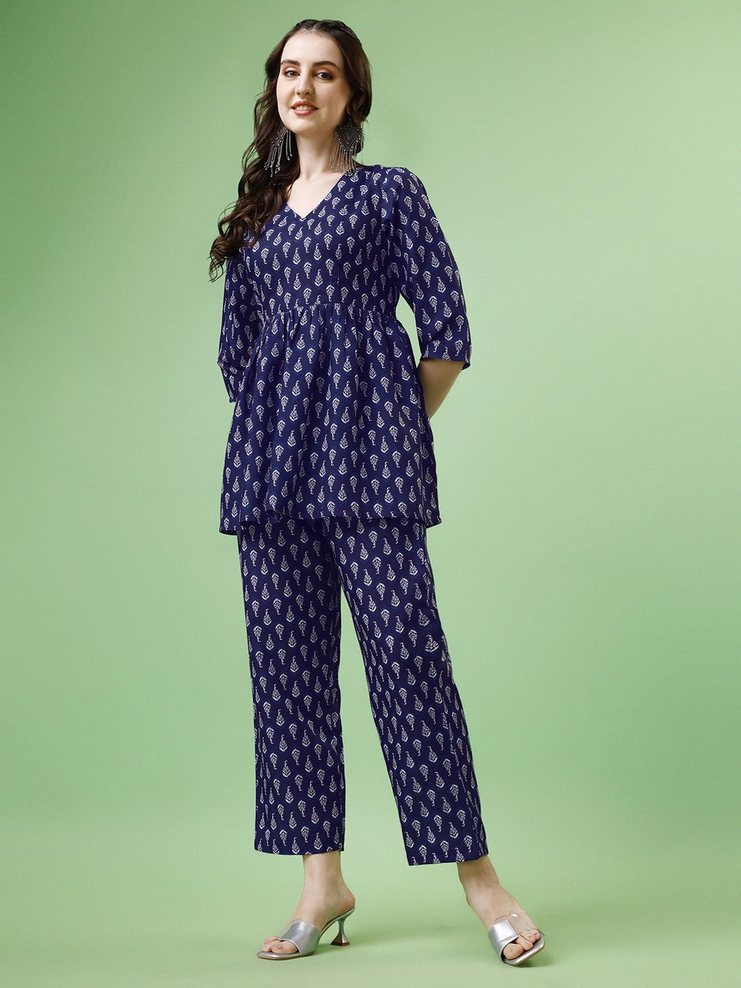 Yashika Women'S Cotton Blend Short Length Printed Kurta Palaazo Set||Az-Ys-P1-Ks2076-M Navy Blue