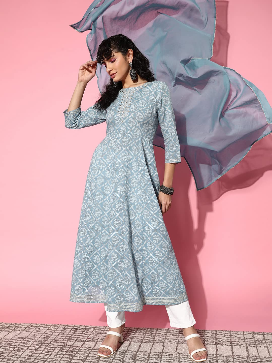 Ishin WomenS Cotton Blend Blue Embroidered Anarkali Kurta With Dupatta