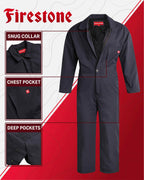 Firestone Men's Coveralls - Water Resistant Twill Long Sleeve Overall for Work Utility and Safety (Sizes: M-XXL, Runs Small), Si