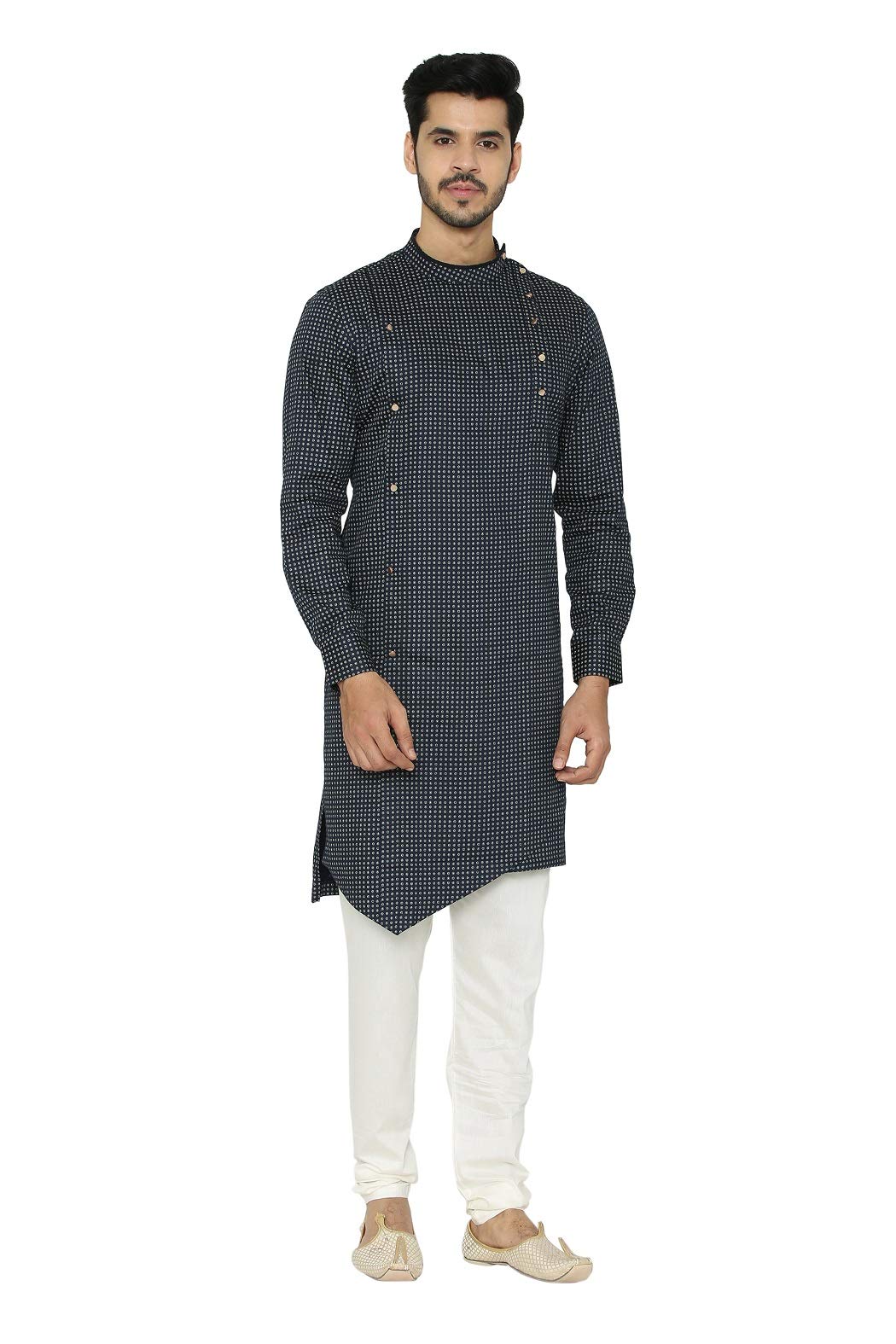 Manyavar Printed Knee Long Full Sleeves Kurta For Men - (Navy Blue, Medium)