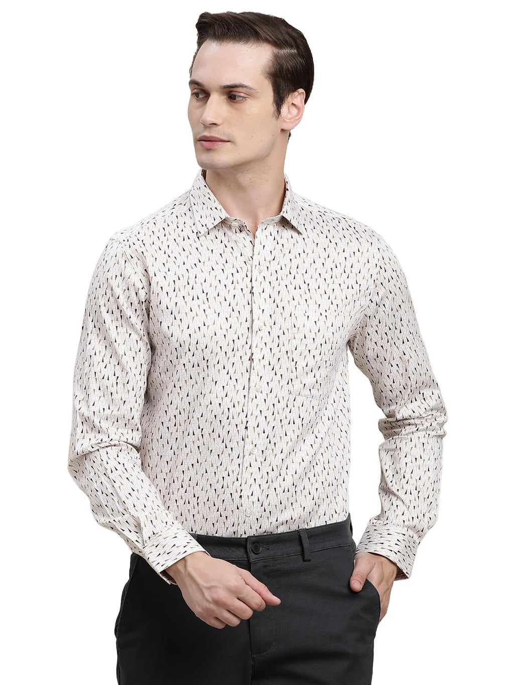 Turtle Men Grey Printed Full Sleeve Slim Fit 100% Cotton Formal Shirt