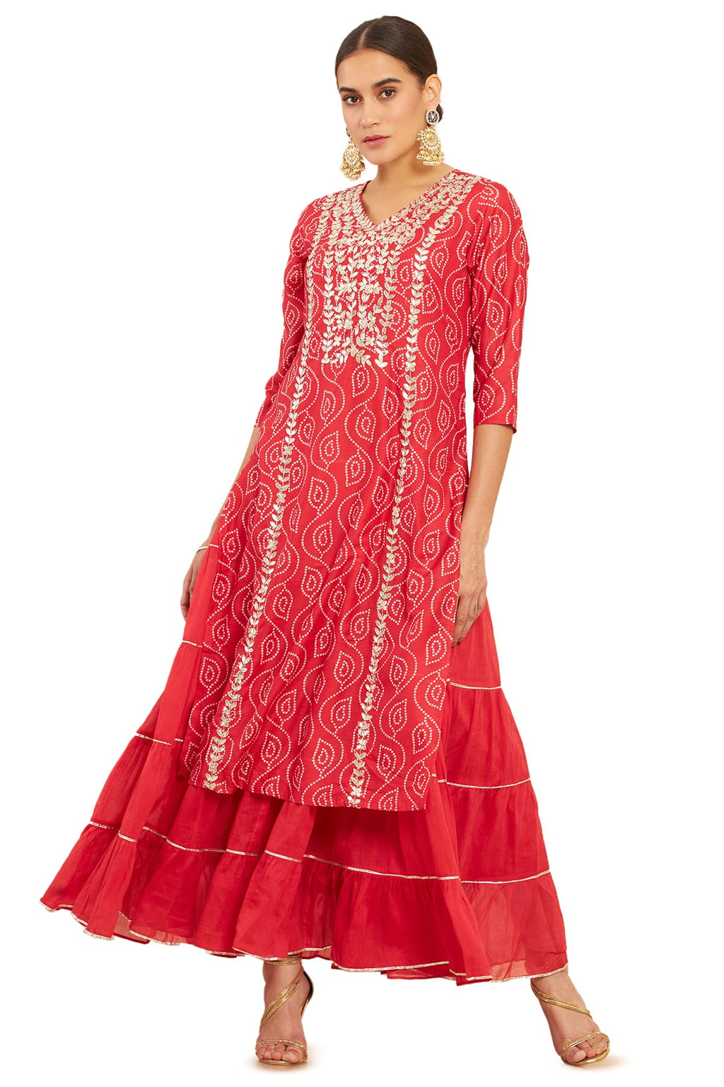 Soch Red Modal Layered And Tiered Kurta With Bandhani Print