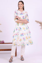 Aurelia Women'S White Floral Printed A-Line Kurta With Zari Embroidery