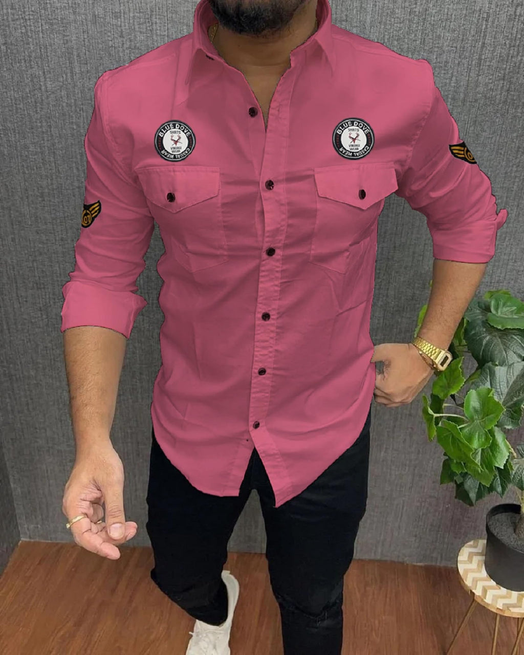 Kadiyu Double Pocket MenS Casual Fit Formal Shirt - Stylish And Comfortable Dress Shirt For Work And Everyday Wear Pink